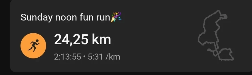 a screenshot from Garmin Connect showing the distance 24.25km, the time 2hrs 13mins and 55secs and the pace 5mins and 31secs

topic is 