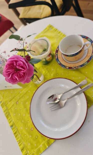 Leerer Kuchenteller und leere Kaffeetasse auf dem Tisch, rosa Blume, Rose in kleiner Vase.