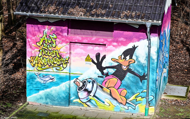 Das Bild einer schwarzen Cartoon-Ente, die mit einer übergroßen Sprühdose über Wellen reitet, wurde auf die Wand eines kleinen Hauses gesprüht.