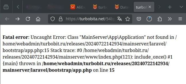 Turbobit PHP-Fehler mit Scriptverzeichnissen unter turbobit.ru