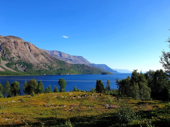 Meer, tiefblau, Berge, steil, norwegischer Fjord halt. Dummerweise eine Stromleitung quer.