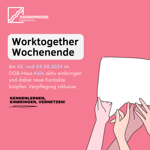 Sharepic: Pinkes Quadrat mit dem Jugendpresse Rheinland Logo in weiß oben links.

In einer weißen Box steht in schwarzer Schrift 