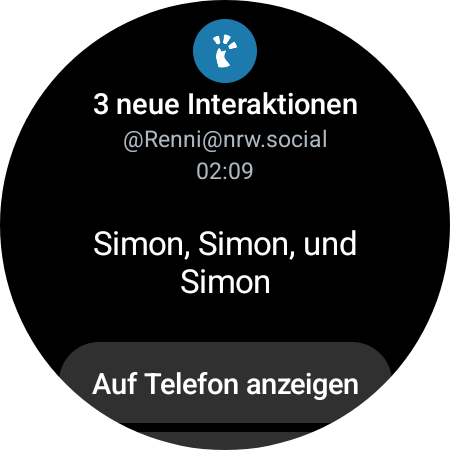 Screenshot der Uhr, 3 neue Interaktionen bei Mastodon, von Simon, Simon und Simon (alles nur ein Simon).