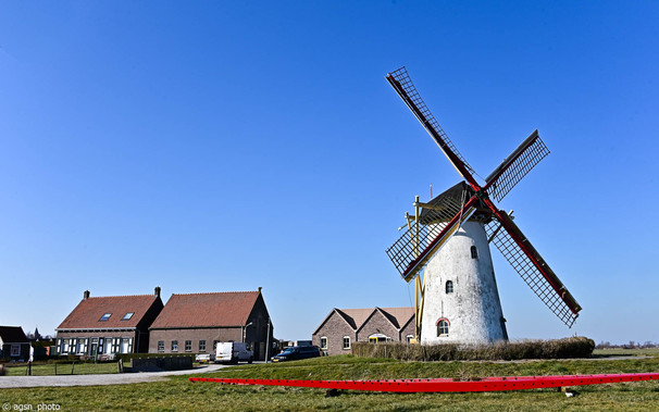 Ein Panoramablick auf eine freistehende traditionelle niederländische Getreidemühle mit Nebengebäuden in ländlicher Umgebung mit klarem blauen Himmel.
