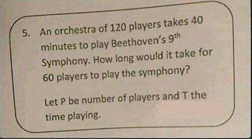 An orchestra of 120 players takes 40 minutes to play Beethoven's 9th Symphony. How long would it take 60 players to play the symphony?