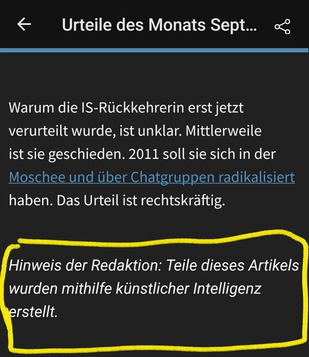 Screenshot des Ende eines Artikels von Volksverpetzer. 
Drunter steht der Hinweis:
Hinweis der Redaktion: Teile dieses Artikels wurden mithilfe künstlicher Intelligenz erstellt.